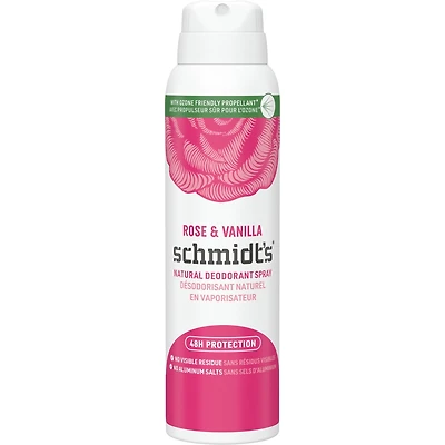 Schmidt's  Natural Deodorant Spray for women and men, Rose & Vanilla with 48H odour protection, no aluminum, no white marks, cruelty-free, vegan deodorant 91 g