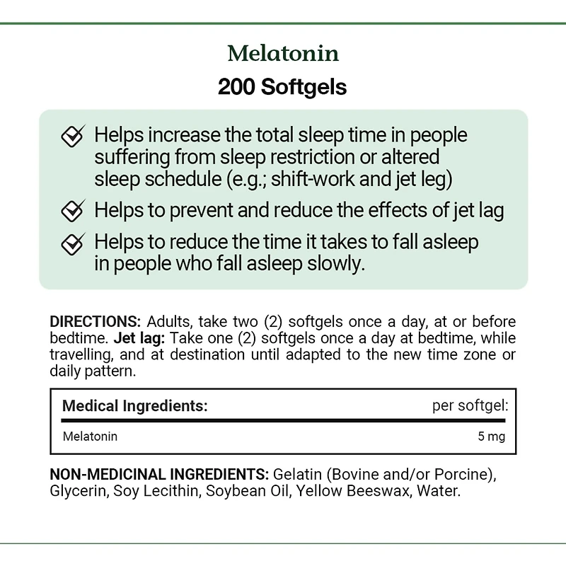 Melatonin 5 Mg Helps Reset The Body's Sleep-Wake Cycle Value Sized 200 Softgels