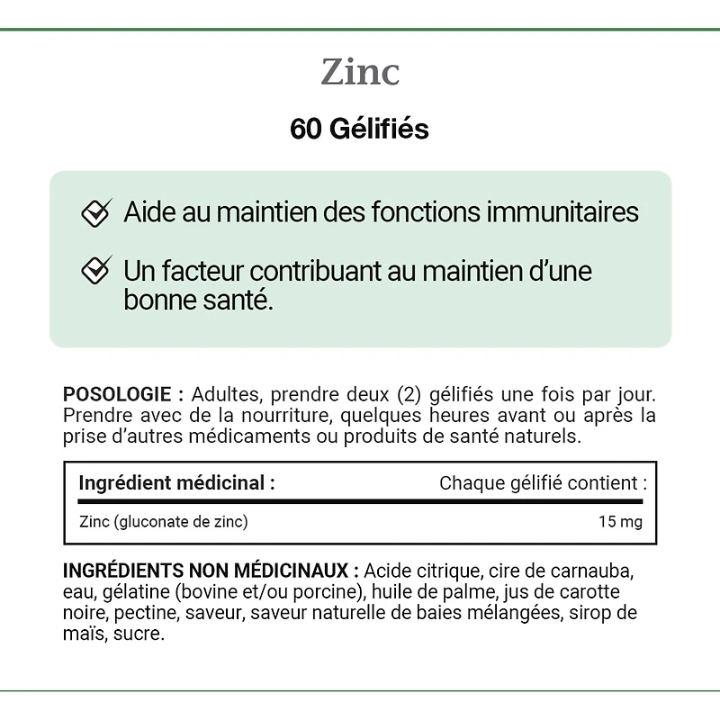Zinc, 15 mg, 60 gélifiés