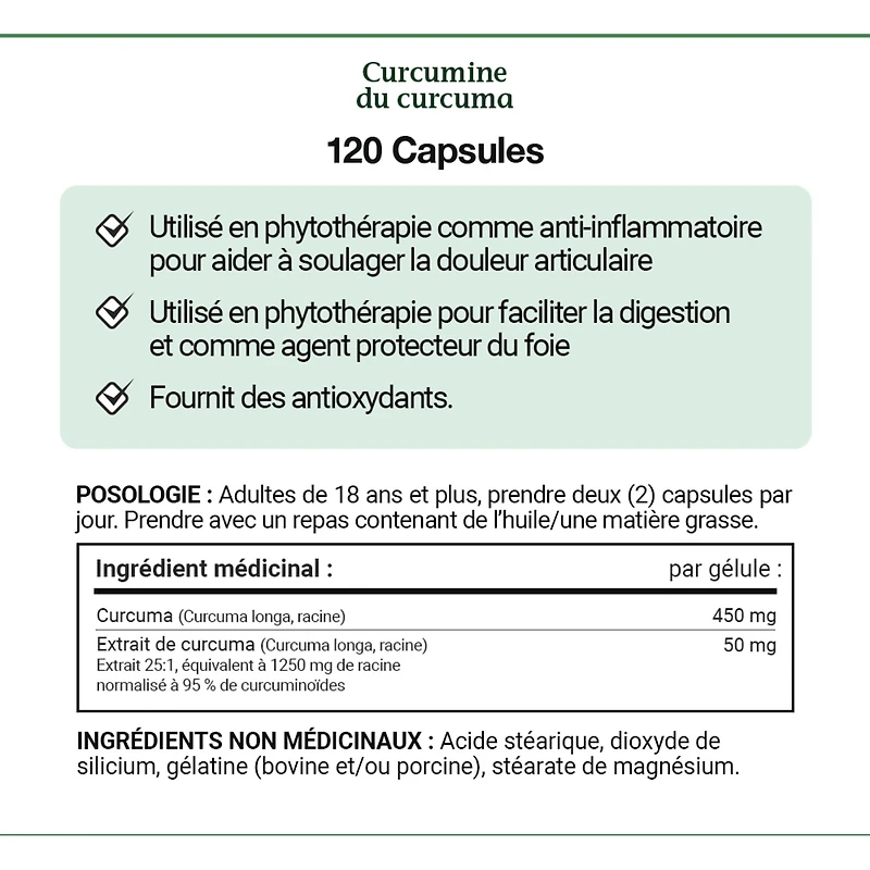Curcumine du curcuma, 450 mg, anti-inflam.