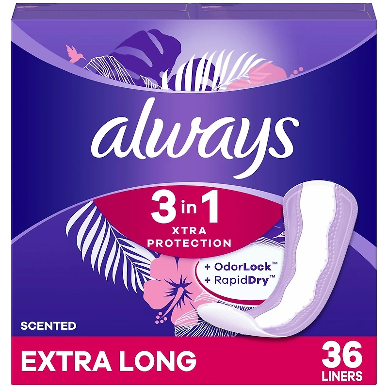 Always 3-in-1 Xtra Protection Daily Liners Extra Long Absorbency, 5x Drier Than Always Thin, 36 Count