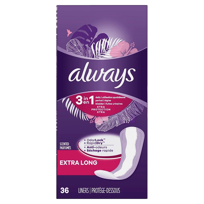 Always 3-in-1 Xtra Protection Daily Liners Extra Long Absorbency, 5x Drier Than Always Thin, 36 Count