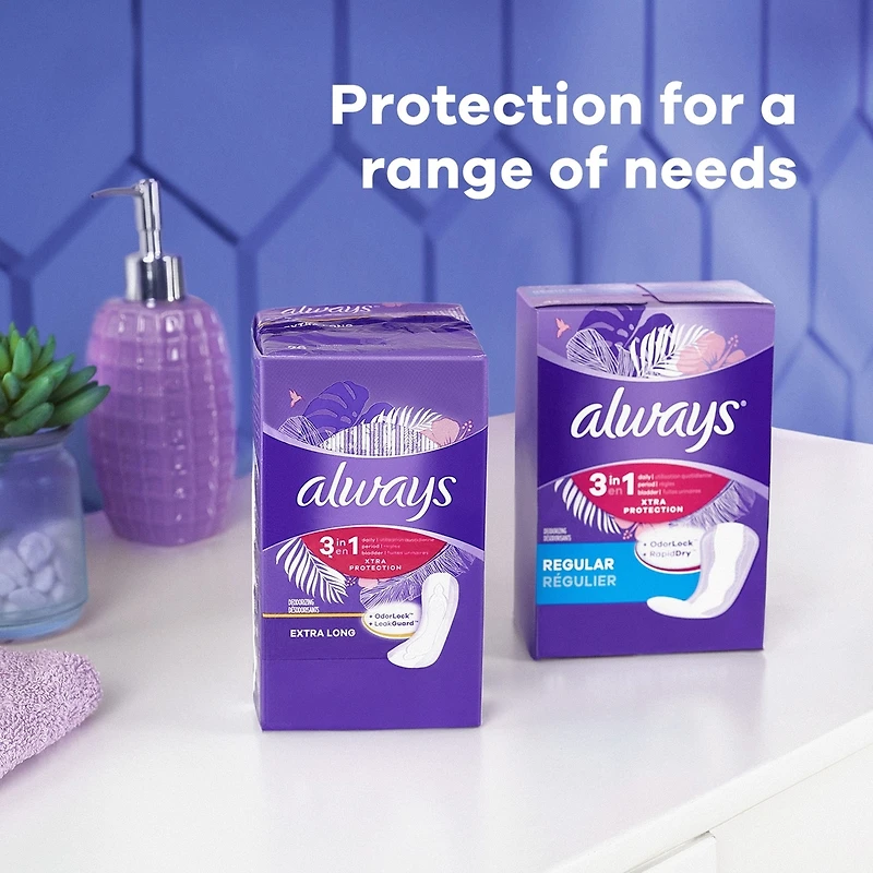 Always 3-in-1 Xtra Protection Daily Liners Extra Long Absorbency, 5x Drier Than Always Thin, 36 Count