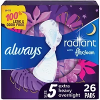 Serviettes Always Radiant FlexFoam avec ailes, taille 5, flux très abondant de nuit, 26u