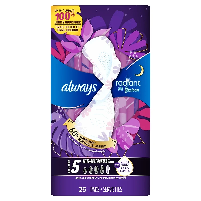 Serviettes Always Radiant FlexFoam avec ailes, taille 5, flux très abondant de nuit, 26u