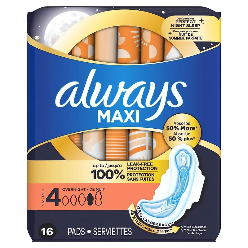 Maxi Overnight Pads with Wings, Size 4, Overnight, Unscented