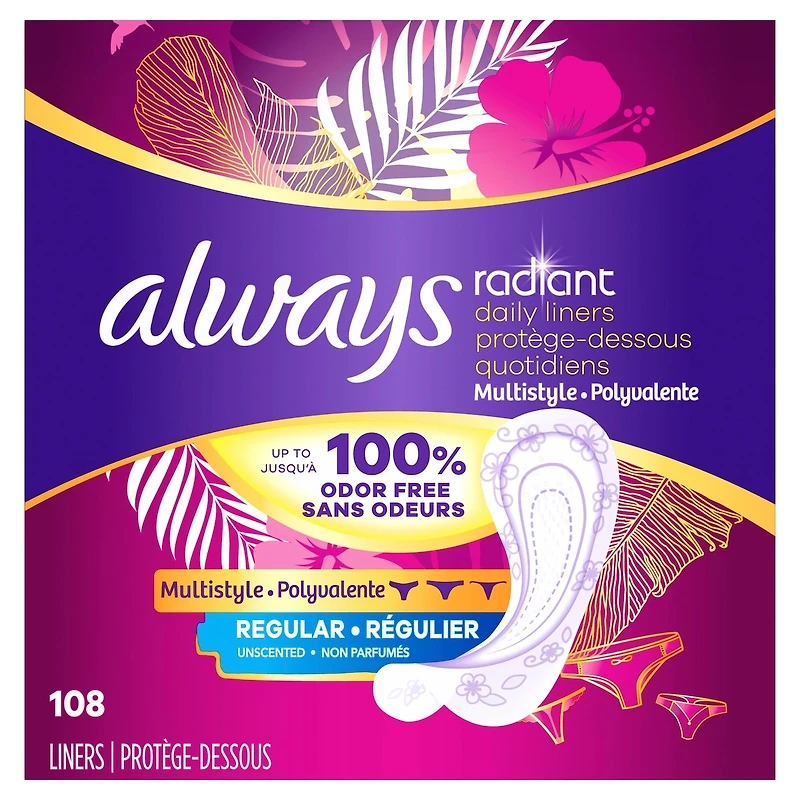 Radiant Daily Multistyle Liners Regular, Unscented, Up to 100% Odor-free