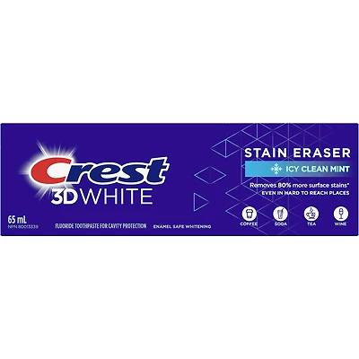 Crest 3D White Stain Eraser Teeth Whitening Toothpaste, Icy Clean Mint, 65 ml