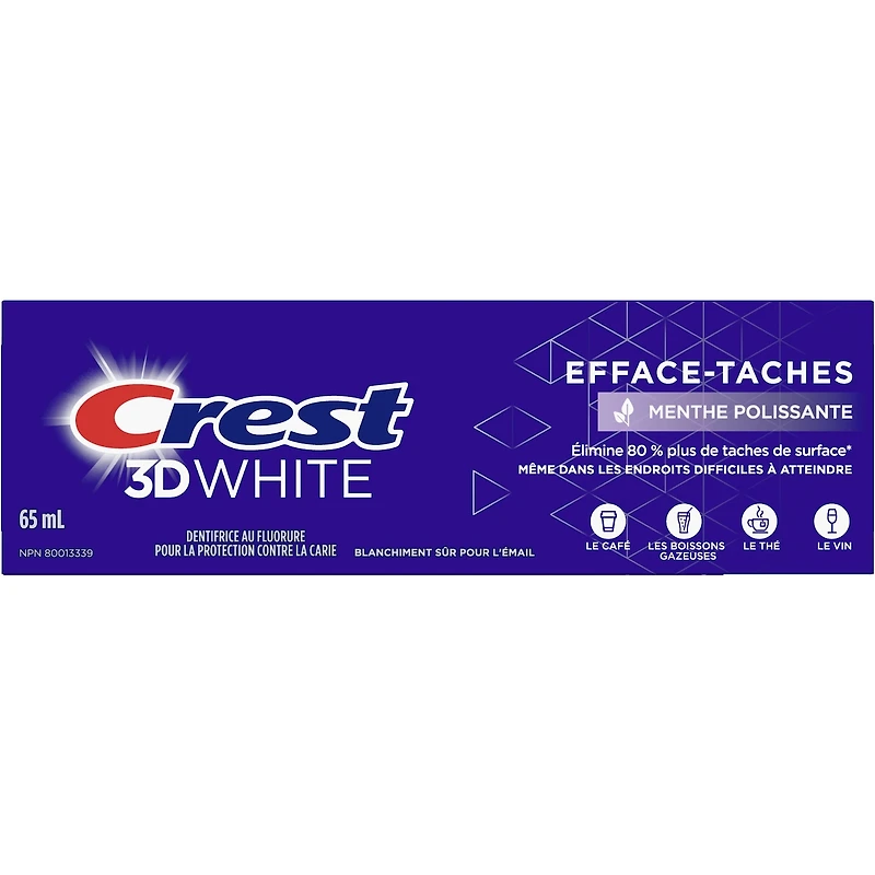 Dentifrice blanchissant Crest 3D White Efface-taches, Menthe polissante, 65 mL