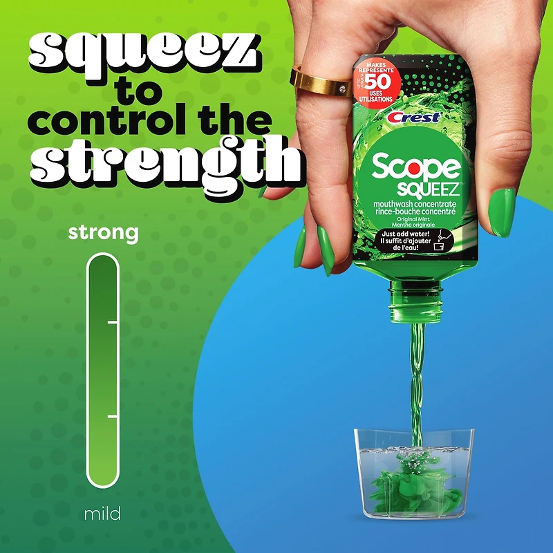 Rince-bouche concentré Scope Squeez, Menthe originale, équivaut au nombre d’utilisations contenues dans une bouteille allant jusqu’à 1L vs le rince-bouche Scope Outlast de 1L, appuyer pour contrôler l’intensité