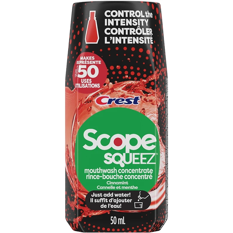Rince-bouche concentré Scope Squeez, Cannelle et menthe, équivaut au nombre d’utilisations contenues dans une bouteille allant jusqu’à 1L *vs le rince-bouche Scope Outlast de 1L, appuyer pour contrôler l’intensité