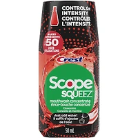 Rince-bouche concentré Scope Squeez, Cannelle et menthe, équivaut au nombre d’utilisations contenues dans une bouteille allant jusqu’à 1L *vs le rince-bouche Scope Outlast de 1L, appuyer pour contrôler l’intensité