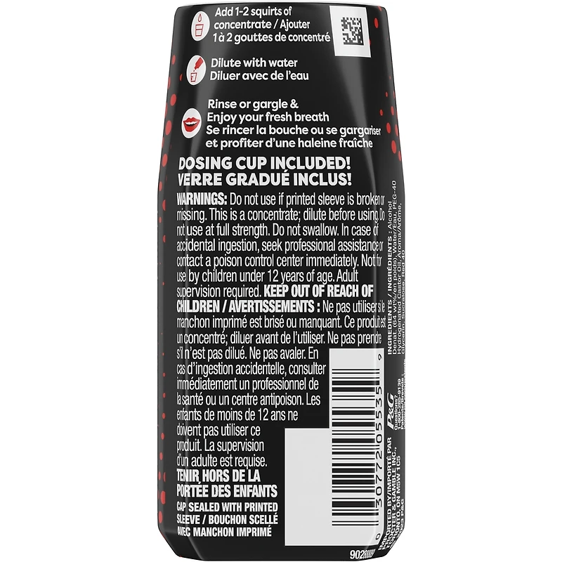 Rince-bouche concentré Scope Squeez, Cannelle et menthe, équivaut au nombre d’utilisations contenues dans une bouteille allant jusqu’à 1L *vs le rince-bouche Scope Outlast de 1L, appuyer pour contrôler l’intensité