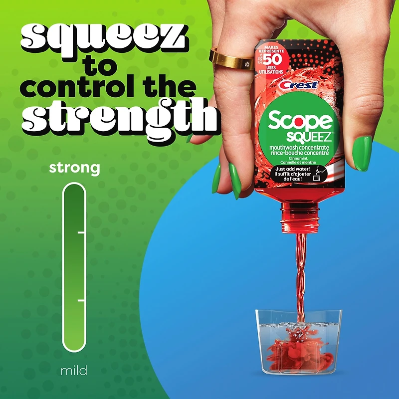 Rince-bouche concentré Scope Squeez, Cannelle et menthe, équivaut au nombre d’utilisations contenues dans une bouteille allant jusqu’à 1L *vs le rince-bouche Scope Outlast de 1L, appuyer pour contrôler l’intensité
