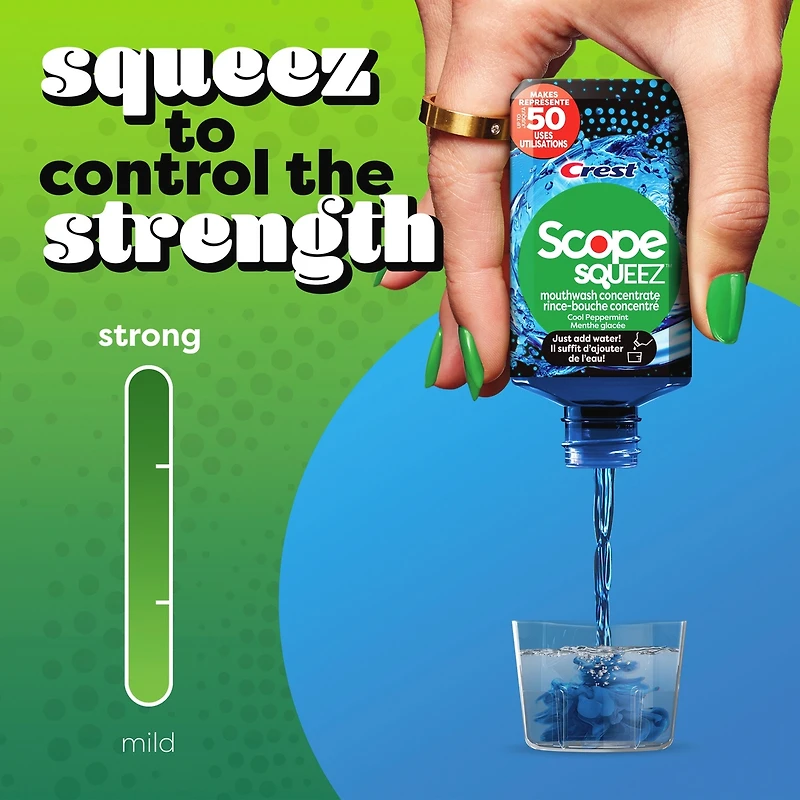 Rince-bouche concentré Scope Squeez, Menthe glacée, équivaut au nombre d’utilisations contenues dans une bouteille allant jusqu’à 1L *vs le rince-bouche Scope Outlast de 1L, appuyer pour contrôler l’intensité