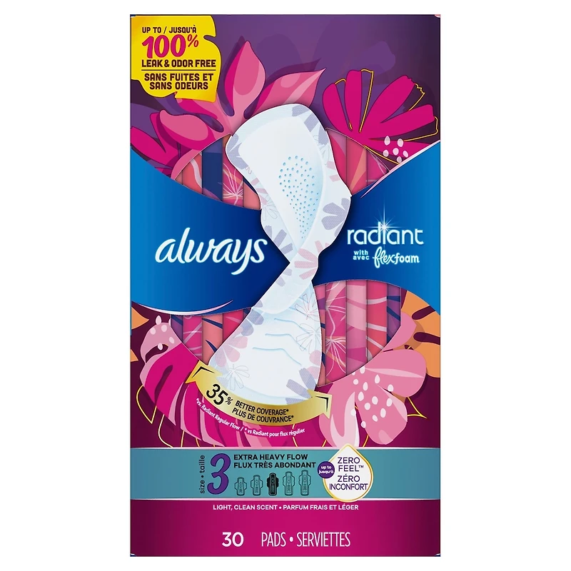 Radiant Feminine Pads for Women, Size 3 Heavy, with Wings, Light Clean Scent