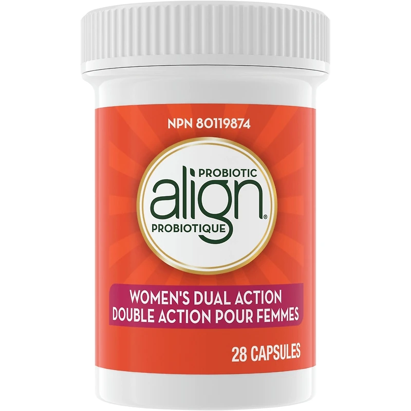 Probiotique Align Double action pour femmes, probiotiques pour la santé intestinale et féminine, aide à soulager les symptômes du syndrome du côlon irritable (SCI) comme les ballonnements, les gaz et l’inconfort abdominal, avec gattilier