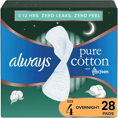 Serviettes Always Pure Cotton, avec ailes, pour femmes, taille 4, de nuit, non parfumées
