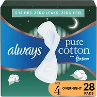 Serviettes Always Pure Cotton, avec ailes, pour femmes, taille 4, de nuit, non parfumées