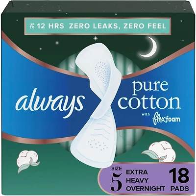 Pure Cotton Feminine Pads for Women, Size 5, Extra Heavy Overnight, with wings, Unscented