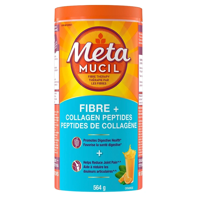 Fibre+ Collagen Peptides, Psyllium Husk Powder, Plant Based Fibre, Sugar-Free with Stevia, Orange Flavoured