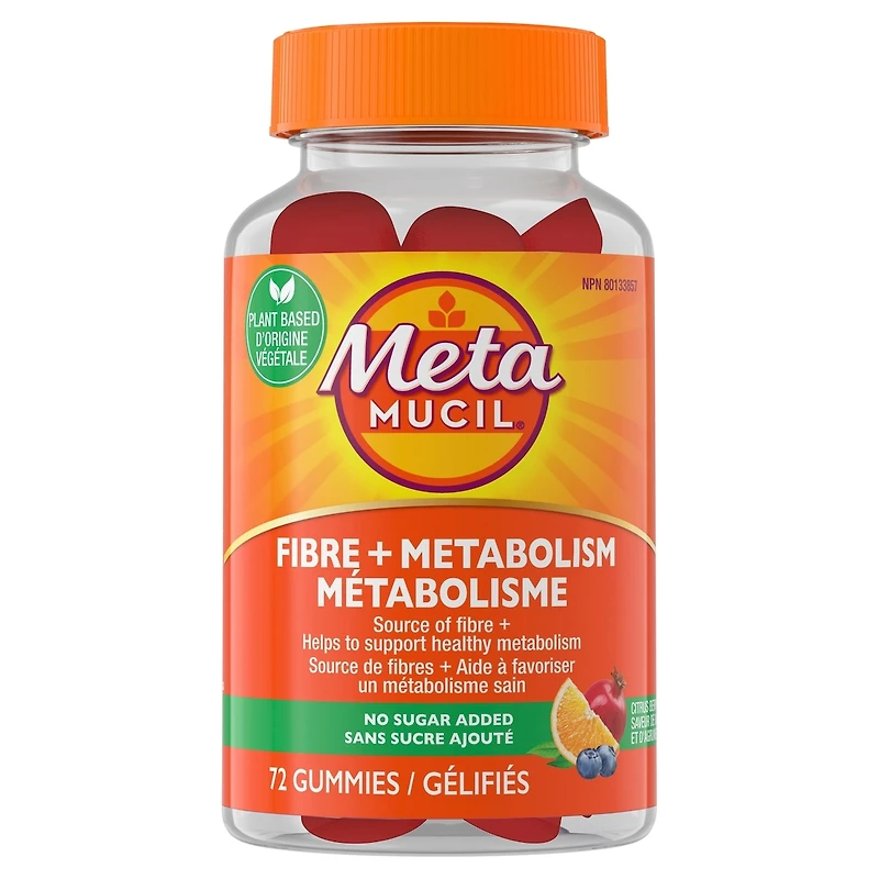 Supplément gélifié Metamucil Fibre + métabolisme pour la santé digestive, origine végétale, sans sucre ajouté, saveur de baies et d’agrumes, 72 gélifiés