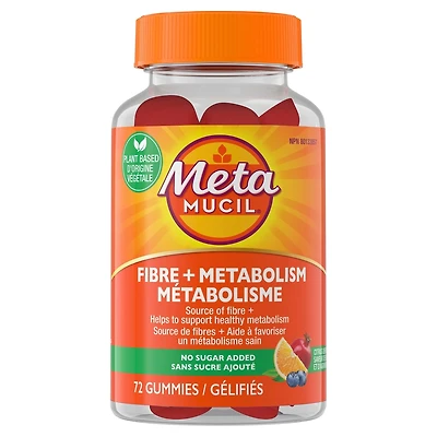 Supplément gélifié Metamucil Fibre + métabolisme pour la santé digestive, origine végétale, sans sucre ajouté, saveur de baies et d’agrumes, 72 gélifiés