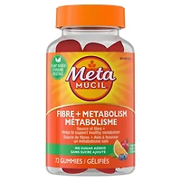 Supplément gélifié Metamucil Fibre + métabolisme pour la santé digestive, origine végétale, sans sucre ajouté, saveur de baies et d’agrumes, 72 gélifiés