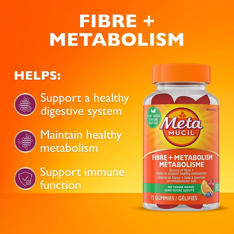 Supplément gélifié Metamucil Fibre + métabolisme pour la santé digestive, origine végétale, sans sucre ajouté, saveur de baies et d’agrumes, 72 gélifiés