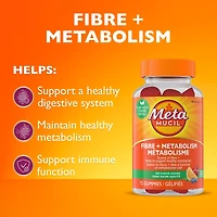Supplément gélifié Metamucil Fibre + métabolisme pour la santé digestive, origine végétale, sans sucre ajouté, saveur de baies et d’agrumes, 72 gélifiés