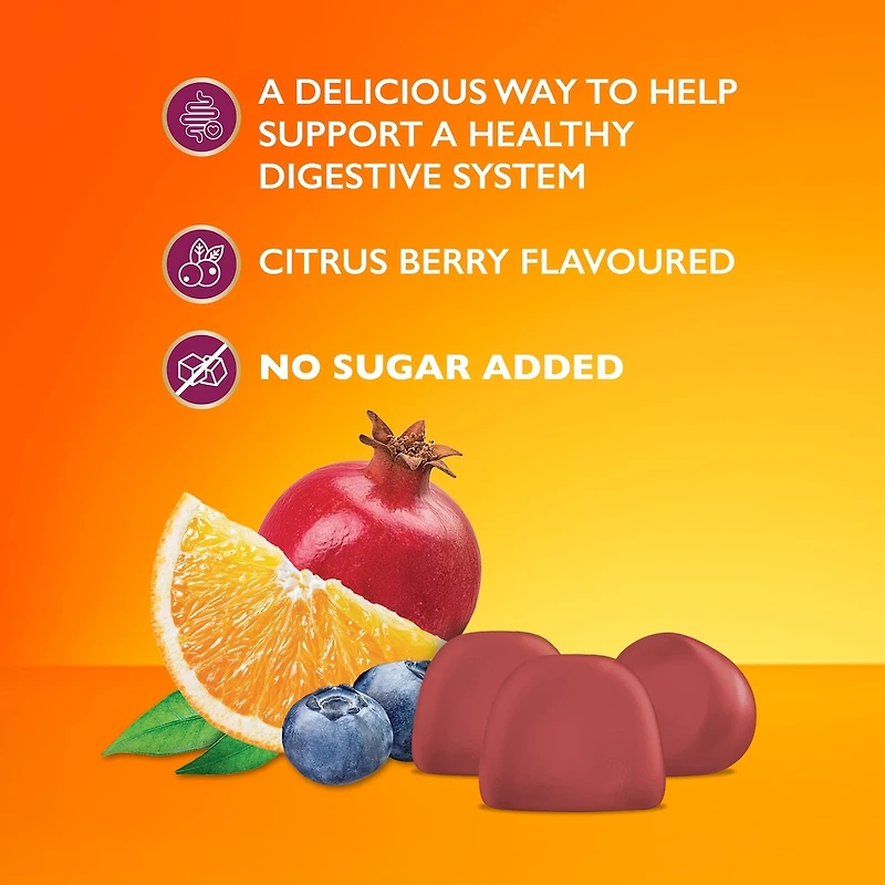 Supplément gélifié Metamucil Fibre + métabolisme pour la santé digestive, origine végétale, sans sucre ajouté, saveur de baies et d’agrumes, 72 gélifiés