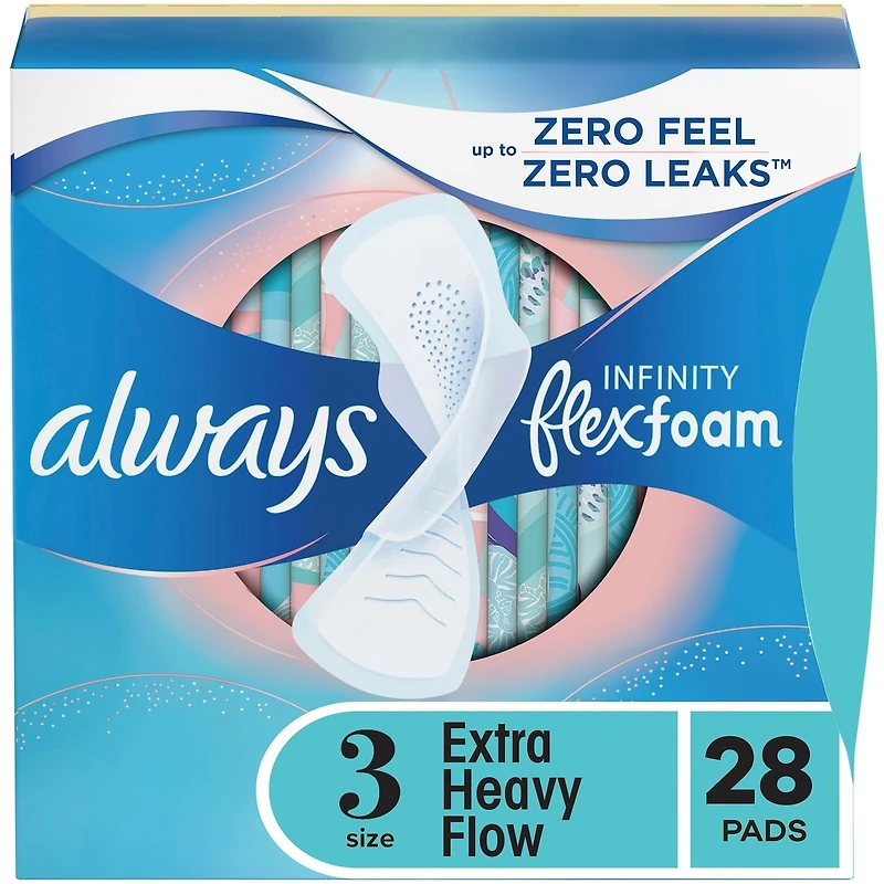 Infinity Feminine Pads for Women, Flexfoam with Wings, 3, Extra Heavy Absorbency, Unscented, 28 CT