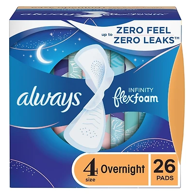Infinity Feminine Pads for Women, Flexfoam Pads with Wings, Size 4, Overnight Absorbency, Unscented, 26 CT