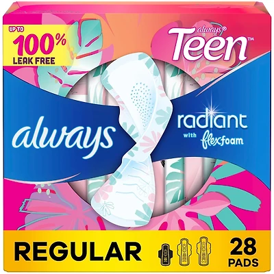 Serviettes Radiant, flux régulier, avec ailes, pour adolescentes, taille 1, non parfumées, 28 serviettes