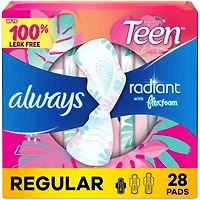 Serviettes Radiant, flux régulier, avec ailes, pour adolescentes, taille 1, non parfumées, 28 serviettes