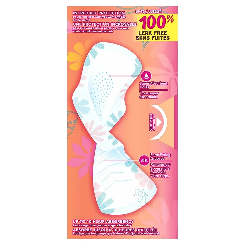 Serviettes Radiant, flux régulier, avec ailes, pour adolescentes, taille 1, non parfumées, 28 serviettes