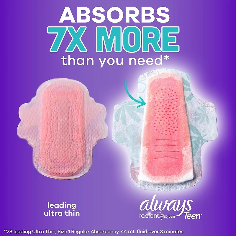 Radiant Teen Pads, Size 3, Extra Heavy, with Wings, Unscented, 20 CT