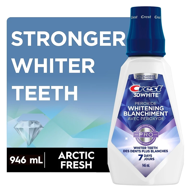 3D White Peroxide Mouthwash/Mouth Rinse, Strengthens Enamel, Whitens Teeth, Prevents Cavities, Alcohol Free, Contains Fluoride, Wintermint Flavor