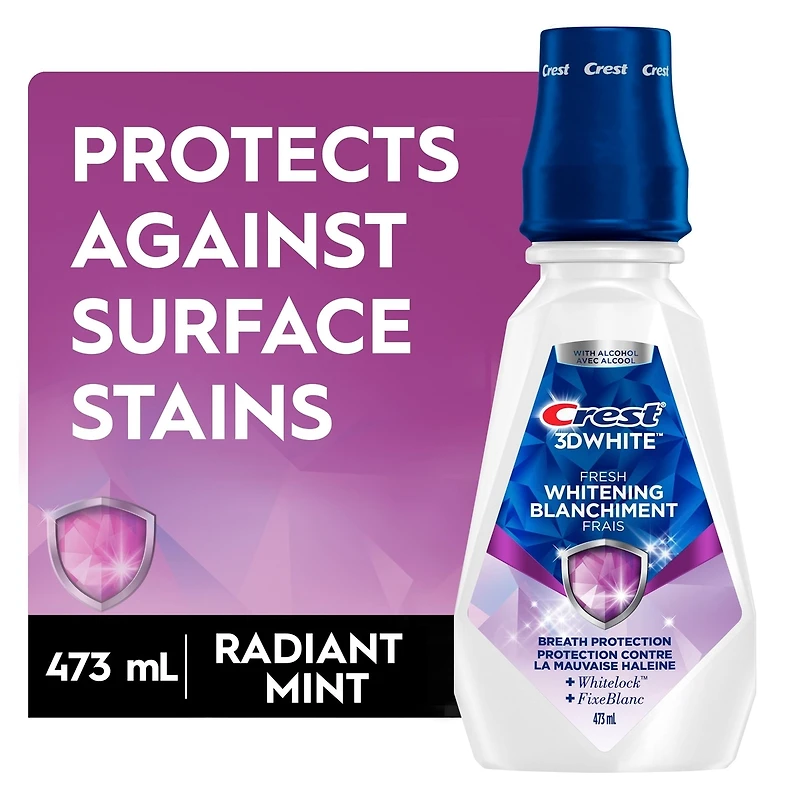 3D White Fresh Whitening Mouthwash/Mouth Rinse, Prevents Surface Stains, Kills Millions of Bad Breath Germs, Alcohol-Free