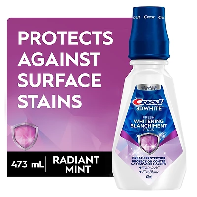 Rince-bouche blanchissant 3DWhite Fraîcheur, prévient les taches de surface, tue des millions de germes responsables de la mauvaise haleine, sans alcool, saveur Menthe tique