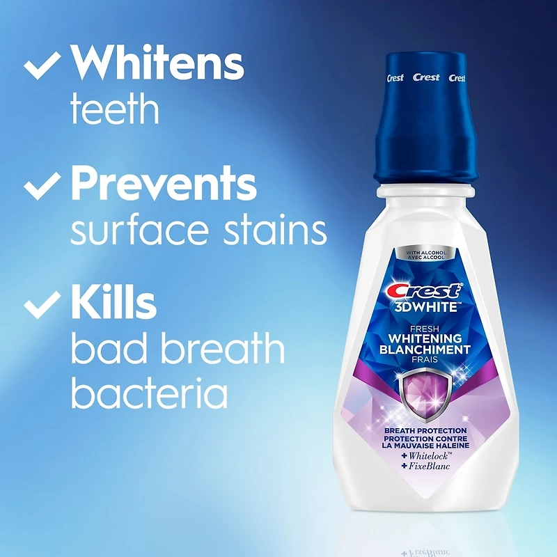 3D White Fresh Whitening Mouthwash/Mouth Rinse, Prevents Surface Stains, Kills Millions of Bad Breath Germs, Alcohol-Free