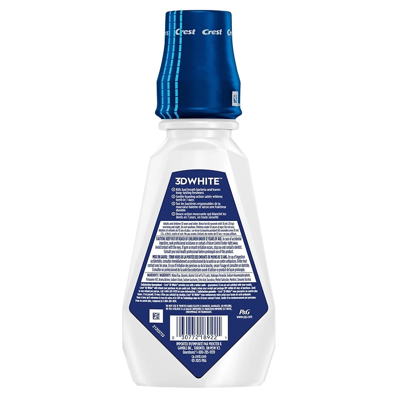 3D White Fresh Whitening Mouthwash/Mouth Rinse, Prevents Surface Stains, Kills Millions of Bad Breath Germs, Alcohol-Free