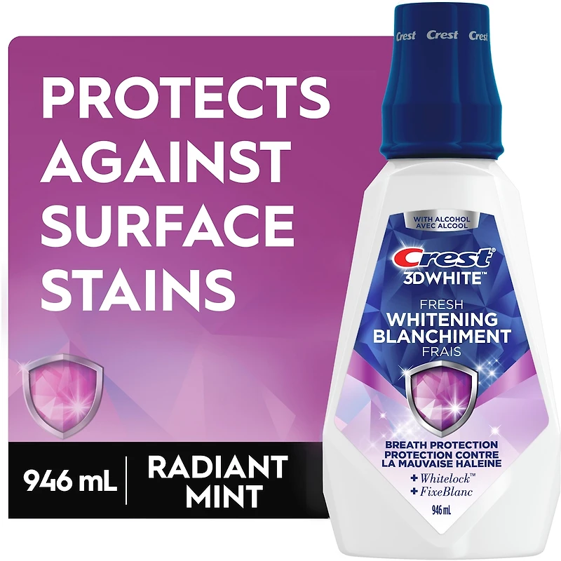 Rince-bouche blanchissant 3DWhite Fraîcheur, prévient les taches de surface, tue des millions de germes responsables de la mauvaise haleine, sans alcool, saveur Menthe tique