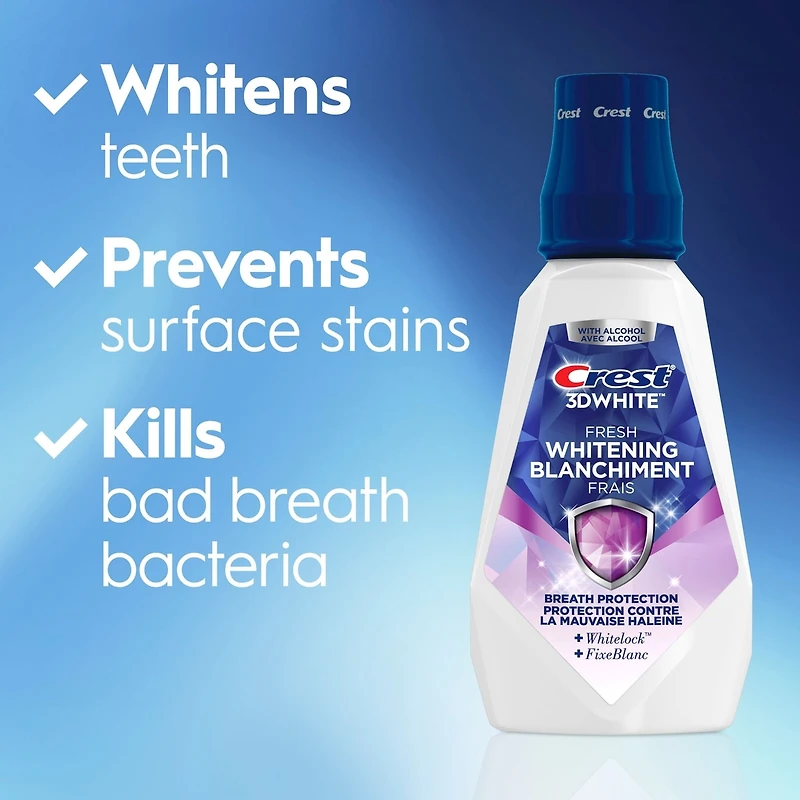 Rince-bouche blanchissant 3DWhite Fraîcheur, prévient les taches de surface, tue des millions de germes responsables de la mauvaise haleine, sans alcool, saveur Menthe tique, 946mL (32ozliq.)