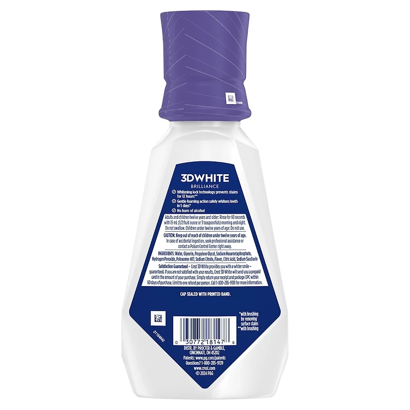 Rince-bouche 3DWhite Brillance Prévention des taches, Prévention des taches pendant 12heures, sans alcool, 473mL