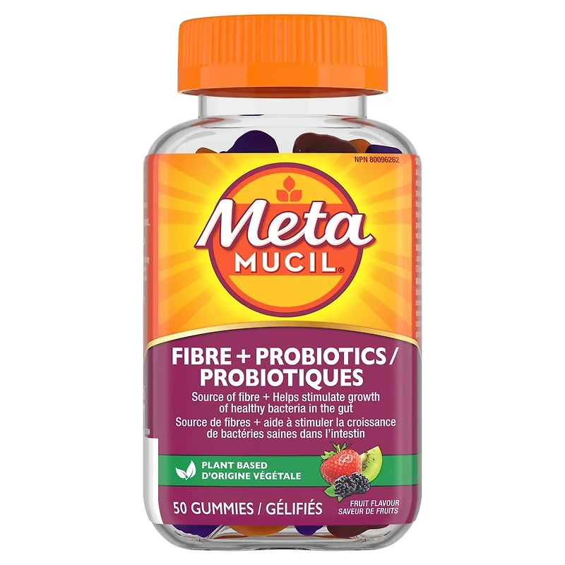 Supplément en comprimé gélifié pour la santé digestive Metamucil Fibre + probiotiques, à base de plantes, saveur de fruits, 50 gélifiés