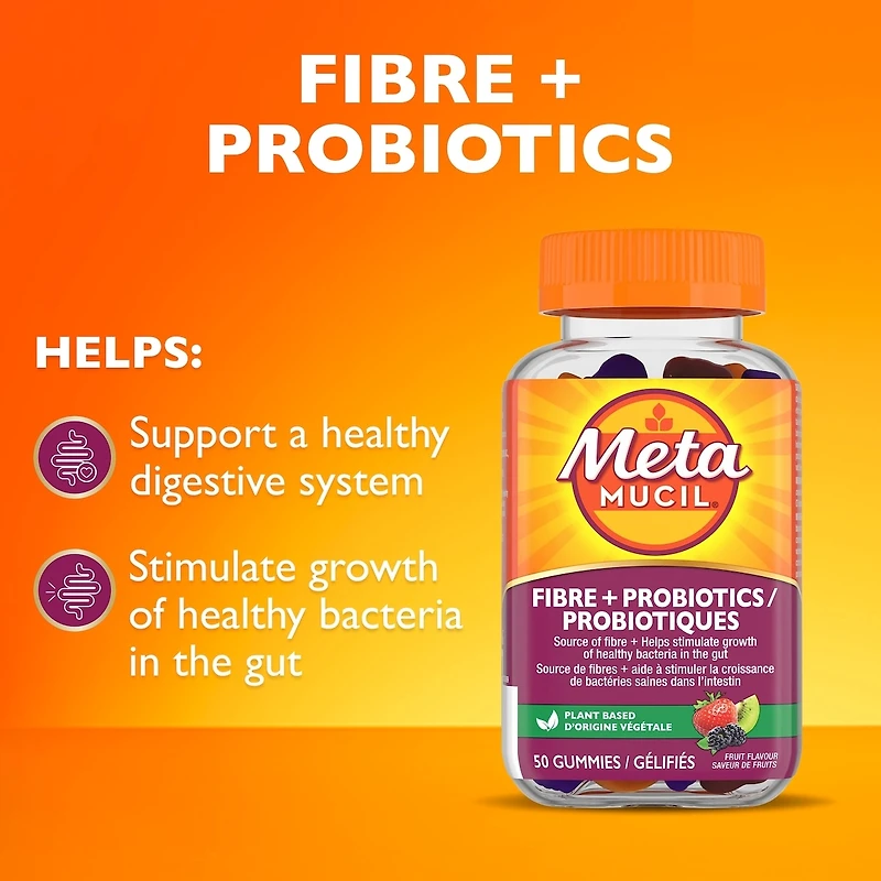 Supplément en comprimé gélifié pour la santé digestive Metamucil Fibre + probiotiques, à base de plantes, saveur de fruits, 50 gélifiés