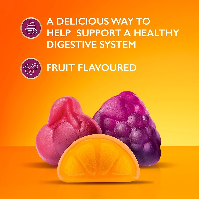 Supplément en comprimé gélifié pour la santé digestive Metamucil Fibre + probiotiques, à base de plantes, saveur de fruits, 50 gélifiés