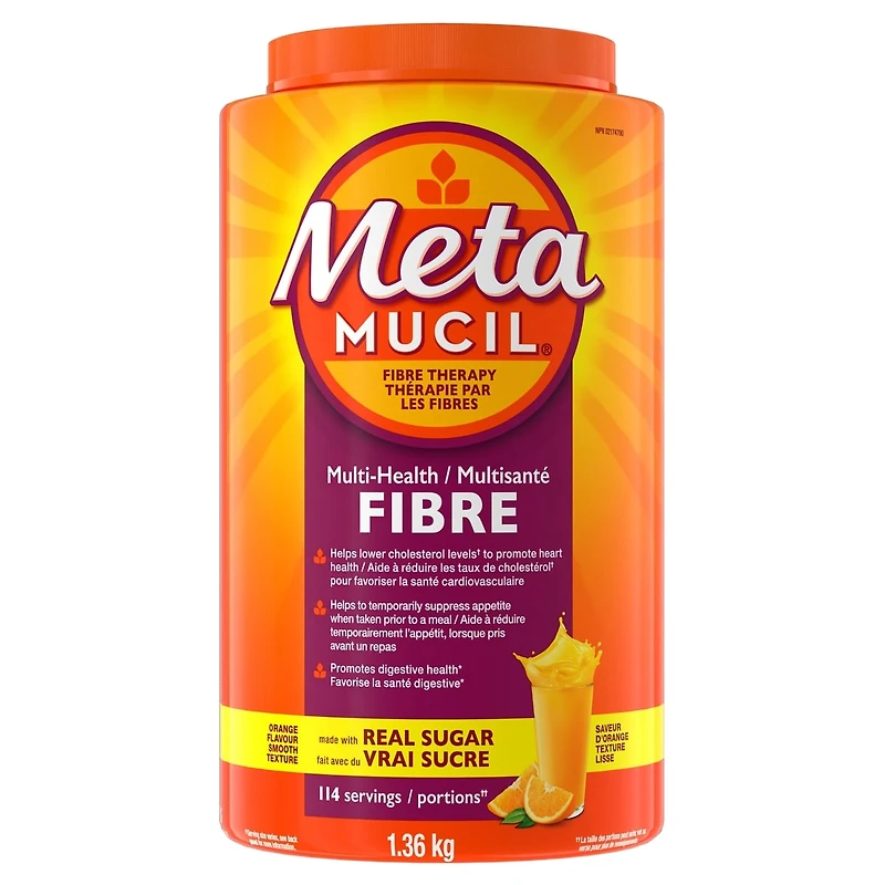 Metamucil, 3 in 1 Psyllium Husk Fibre Powder Supplement for Digestive Health, Orange Flavored, Real Sugar, Smooth Powder, 114 Servings, 1.36kg