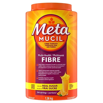 Metamucil, Supplément de fibres d’enveloppe de psyllium 3 en 1 en poudre pour la santé digestive, saveur d’orange, sucre véritable, texture lisse, 114 portions, 1,36 kg